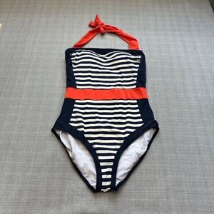 Boden Swimsuit US 10 Nautical Striped Navy Orange Halter One Piece Bathing Suit